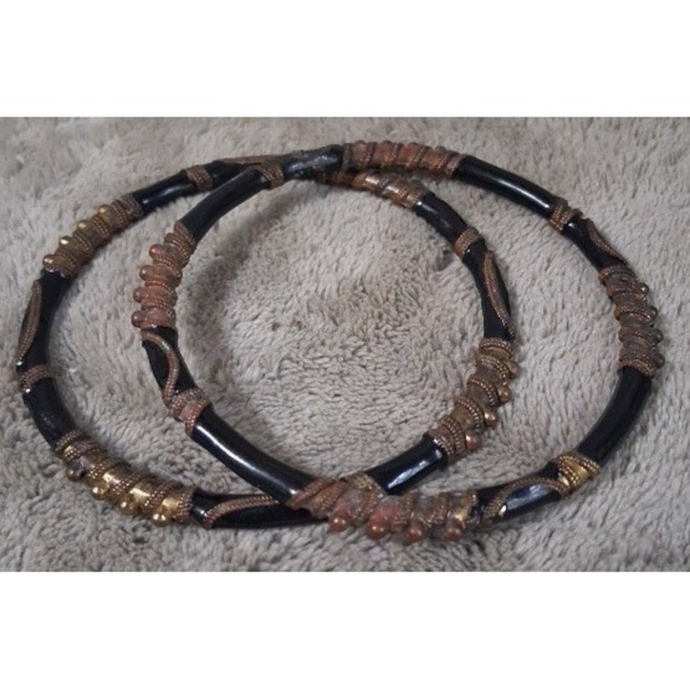 Vintage African Mixed Metal Bangle Bracelets Boho Brass Copper Wire Wrapped 2pc